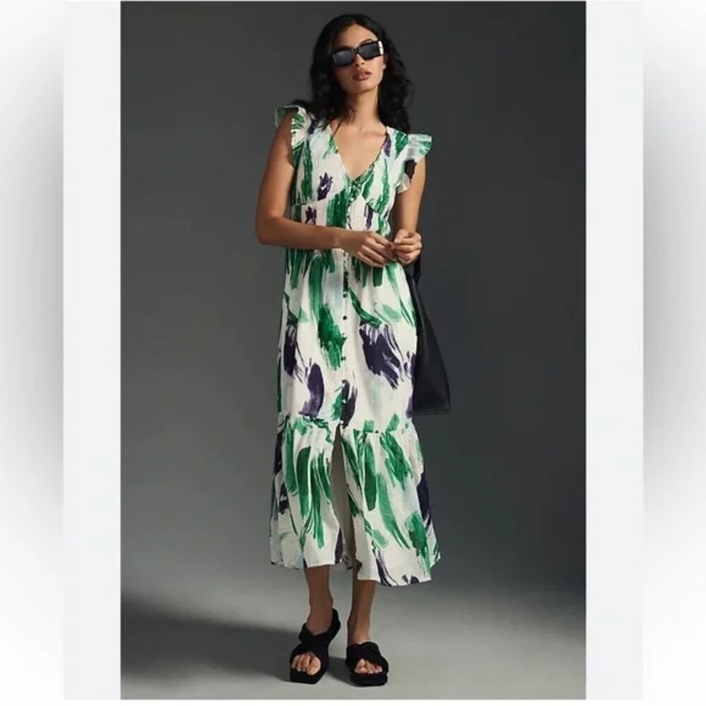 Anthropologie Somerset Maxi‎ Dress Green Purple Abstract Print Cotton XS